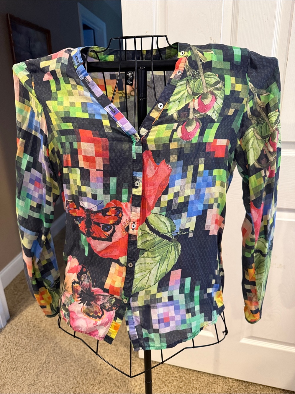 Desigual Multicolor Geometric Floral Butterfly Button-Front Blouse Large
